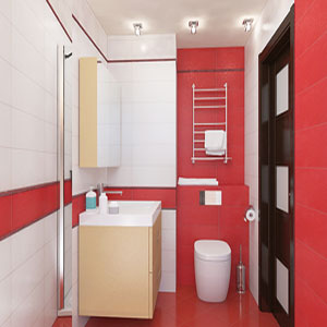 Дизайн ванной комнаты с использованием белой и красной плитки