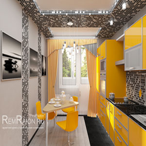 Дизайн кухонной зоны с применением черно-белой мозаики и оранжевых кухонных фасадов