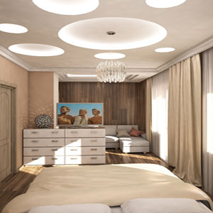 Дизайн хозяйской спальни с зоной кабинета и гардеробной
