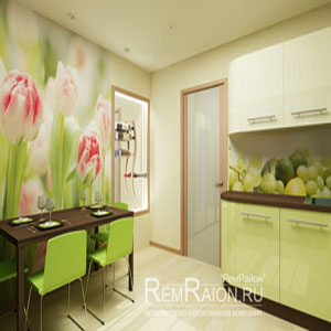 Кухня-столовая с цветами на стене