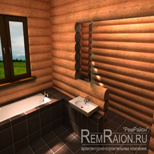 Дизайн ванной комнаты в деревянном доме из оцилиндрованного бревна