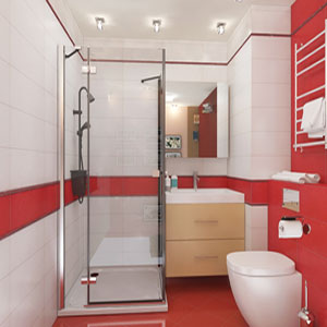 Дизайн ванной таунхауса в красно-белом цвете