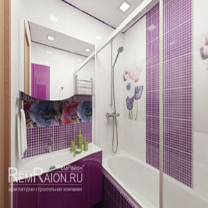 Дизайн ванной комнаты с фиолетово-белой плиткой