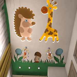 Гипсокартоный потолок детской спальни в виде ежика и жирафа