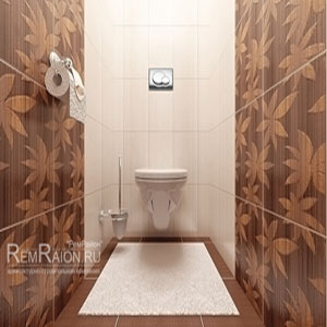 Туалет с подвесным унитазом с бежево-коричневой плиткой с узором из листьев