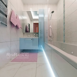 Дизайн ванной комнаты с использованием белой плитки и голубого умывальника