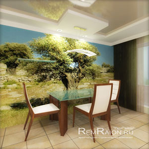 Дизайн кухонной стены со столом с видом на Римское дерево 