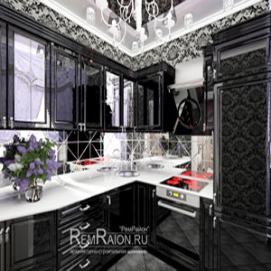 Черные глянцевые кухонные фасады в дизайн-проекте трехкомнатной квартиры